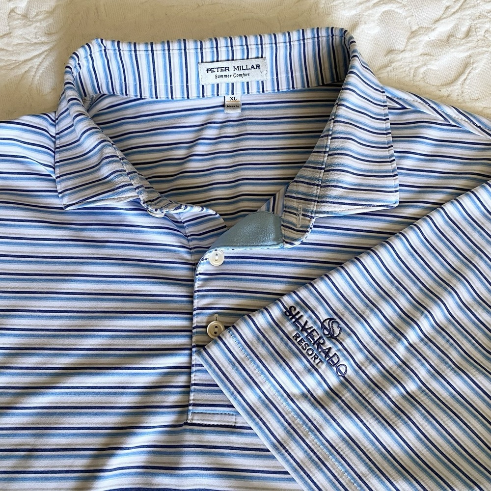 Peter Millar Summer Comfort Polo Shirt XL Blue Stripe Logo Silverado Resort Golf